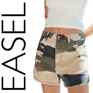 #1003 Easel Camouflage High-Waist Distressed Jean Shorts - Green/Tan/Beige